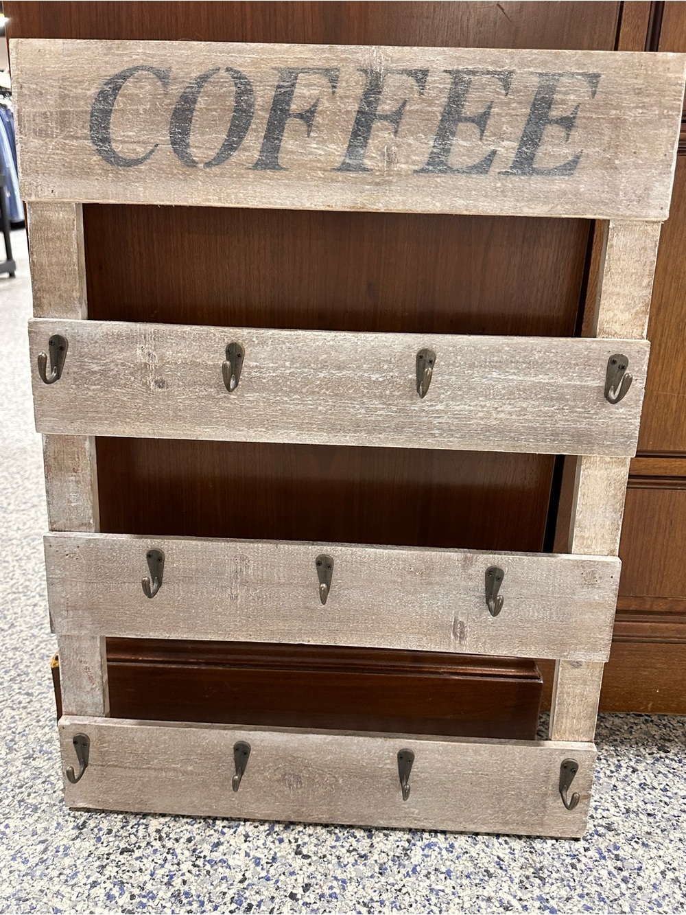 Rustic Coffee Wall Hook Rack - Neutral Wood Finish